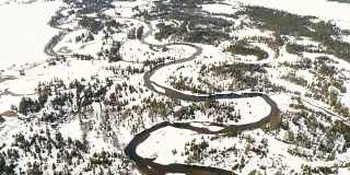 冬季有森林和积雪的大河弯