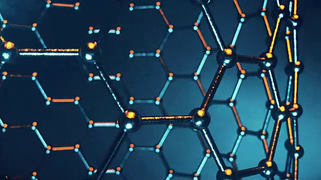 石墨烯原子纳米结构可循环动画。蜂窝状的纳米管。纳米技术与科学的概念。三维动画