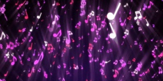 飘浮的音符在抽象的紫色背景和耀斑