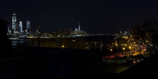 时间流逝纽约市交通，新泽西城市景观天际线夜晚