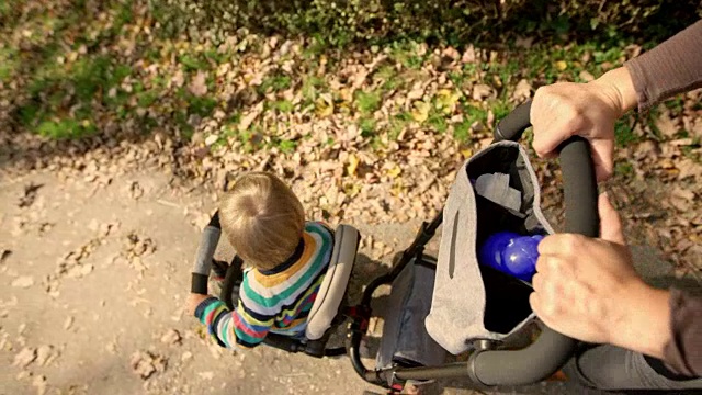 孩子坐在三轮车被他的妈妈推在一个阳光灿烂的道路上通过公园