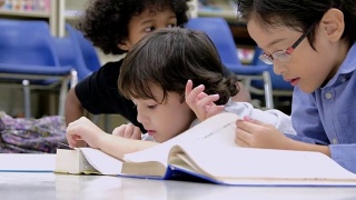 孩子们在图书馆的地板上看书。视频素材模板下载