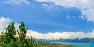 云在巴图尔山脉和一个山地湖泊的山峰上移动。时间流逝