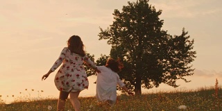 穿着裙子的女孩们在田园诗般的夏日草地上朝着树奔跑，实时播放