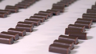 现成的巧克力糖果正在糖果工厂的生产线上移动。视频素材模板下载