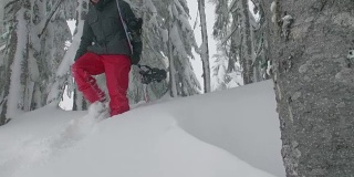 带着滑雪板徒步进入森林边远地区的人通过滑雪区边界标志，冒着危险的雪崩条件下雪的冬天
