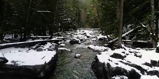 雪覆盖着冻结的巨石，沿着河床流动的水