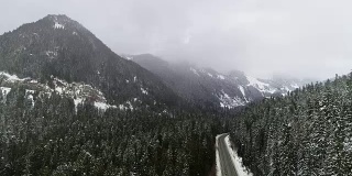 汽车驾驶史诗般的山区公路暴风雪雾雪冬季条件茂密的常绿树木森林