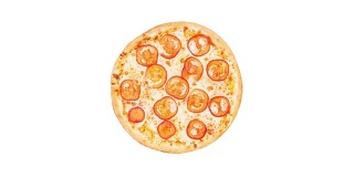 旋转玛格丽塔披萨与番茄切片孤立在白色的背景。俯视图