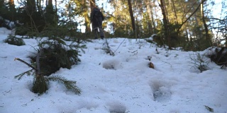 清晨，一个模糊的、面目全非的男人爬上了雪坡。年轻的徒步旅行者在冬季的森林里徒步旅行。美丽的自然景观。旅行的概念。后视图慢动作