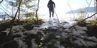 后视图的不可辨认的远足者慢跑上雪坡在冬天的高山森林。一个年轻人在阳光明媚的日子爬山。背景是阳光。旅行或旅行的概念。慢动作