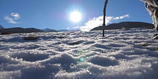 后视图的年轻徒步旅行者去北欧与手杖在雪原在阳光明媚的一天。一个面目全非的人在雪地上跋涉，在山上爬山。健康积极的生活方式。慢动作