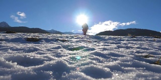 后视图的年轻徒步旅行者去北欧与手杖在雪地上行走。一个在雪地上跋涉，在冬天爬山的不知名的家伙。健康积极的生活方式概念。慢动作
