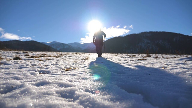 后视图的年轻的徒步旅行者与棍棒爬上雪山在田野。一个面目全非的人走在雪地上享受冬季旅行。阳光在背景。健康积极的生活方式