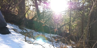 在阳光明媚的日子里，年轻男性游客在雪坡上徒步旅行。快乐的徒步者在阳光的背景下爬上雪山。特写慢动作