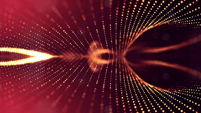 3d循环动画作为科幻小说背景发光粒子与景深和bokeh为vj循环。粒子形成线和面网格。V1红金