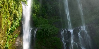 热带迷人的瀑布。水从高处飞起形成水花。印尼巴厘岛