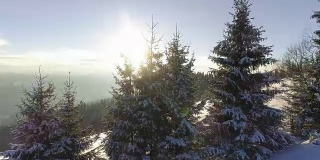 无人机拍摄的冬季清晨的山区。4 k, UHD