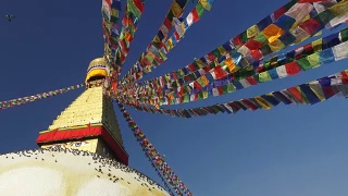 尼泊尔加德满都博达哈纳塔上的佛教经幡旗。慢动作镜头视频素材模板下载