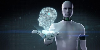 机器人，半机械人张开手掌，大脑连接脑形电路板，4K电影。人工智能发展。