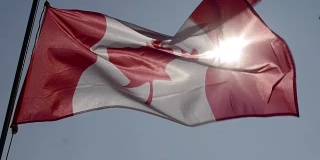 加拿大国旗在慢镜头中飘扬。