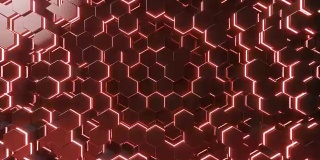 抽象红色的未来表面六角形图案与光线。3D渲染4k动画