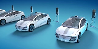 电动自动汽车在充电站充电。3 d动画。