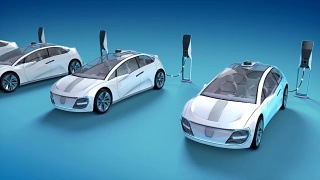 电动自动汽车在充电站充电。3 d动画。视频素材模板下载