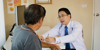 医生与老年患者在诊所进行咨询和体检，保健和医疗理念