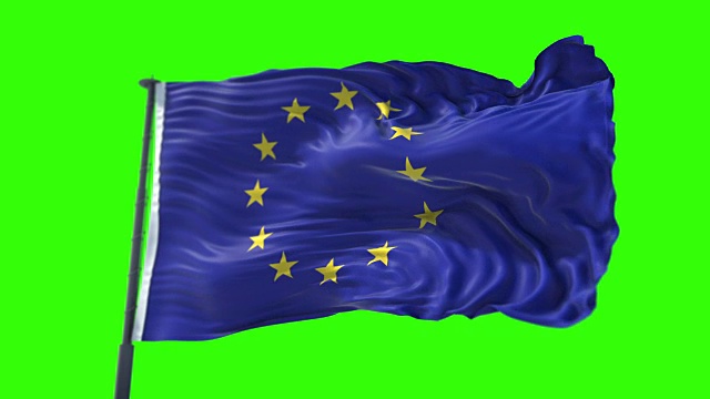 欧盟旗，带杆的欧元旗，飘扬的欧盟旗，蓝色背景上的黄色星星，色彩基调为绿色