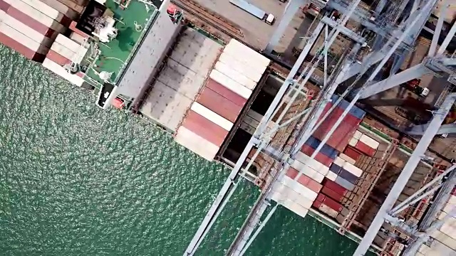 Top view of container ships and lifting cranes