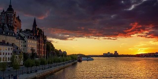 夕阳下的堤岸。斯德哥尔摩,瑞典。缩小照片