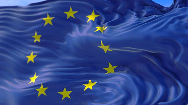 欧盟旗，带杆的欧元旗，飘扬的欧盟旗，蓝色背景上的黄色星星，蓝天白云