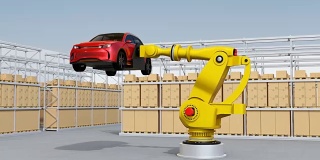 黄色重量级机器人手臂携带红色仓库背景SUV