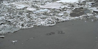 冻结的冰河在春天融化，冰片在流动。春天，河面上漂浮着碎裂的冰。全球变暖