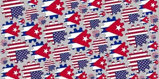 美国和古巴国旗齿轮旋转背景