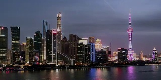 T/L WS HA PAN View of Shanghai Skyline, Day to Night Transition /上海，中国