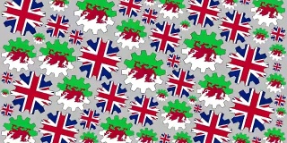 英国和威尔士国旗齿轮旋转背景缩小