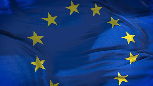 欧洲欧盟旗，欧元旗，飘扬的欧洲欧元区联盟旗，蓝色背景上有黄色的星星