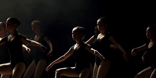 一群年轻的芭蕾舞女演员在舞台上跳舞。