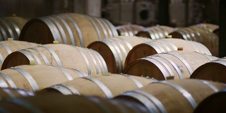 现代葡萄酒工厂仓库里一排排的酒桶