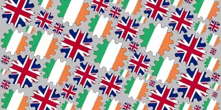 英国和爱尔兰国旗齿轮纺纱背景