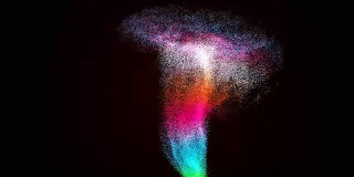 彩色粒子龙卷风在黑色空间，电力缠绕，3d渲染电脑生成背景
