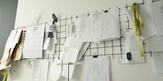 服装设计草图，黑白模板和图纸钉在工作室的白墙上。策划新服装收藏，创意思维理念。