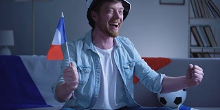 法国球迷挥舞旗帜，看比赛电视，庆祝进球，比赛