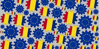 欧洲和罗马尼亚国旗齿轮旋转背景缩小