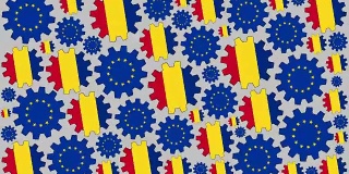 欧洲和罗马尼亚国旗齿轮纺纱背景