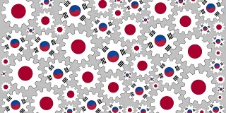 日本和韩国国旗齿轮旋转背景缩小