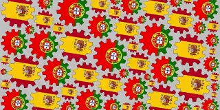 西班牙和葡萄牙国旗齿轮旋转背景缩小