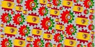 西班牙和葡萄牙国旗齿轮旋转背景